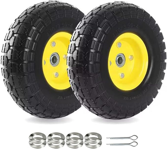 (2-Pack) 10-Inch Solid Tire Wheels - Replacement 4.10/3.50-4" Flat Free Tires and Wheels with 5/8" Axle Bore Hole Bearings, 2.17" Offset Hub -Perfect for Hand Truck, Wheelbarrow, Gorilla Carts by AR-PRO