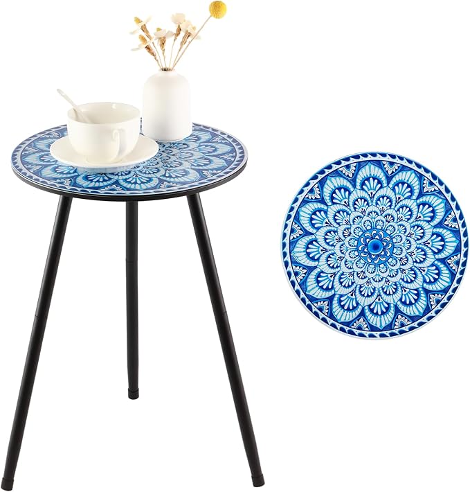1 Pack Metal Mosaic Round Side Tables 13.4" Small Outdoor Patio Round Accent Coffee Tables Indoor Corner Stand for Small Spaces Weather-Resistant for Balcony, Porch Plant Stands Indoor, Light Blue by PartyZealot