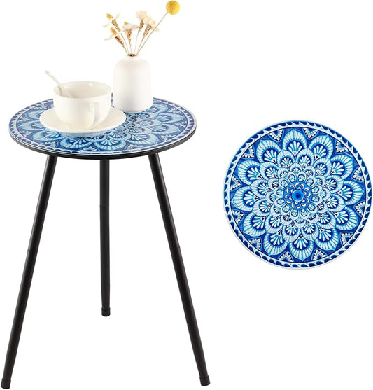 1 Pack Metal Mosaic Round Side Tables 13.4" Small Outdoor Patio Round Accent Coffee Tables Indoor Corner Stand for Small Spaces Weather-Resistant for Balcony, Porch Plant Stands Indoor, Light Blue by PartyZealot