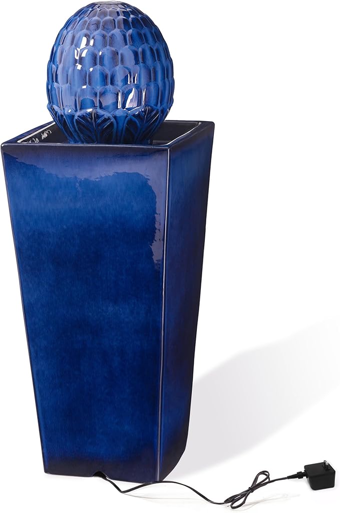 Glitzhome Water Fountain Outdoor with LED Light, Oversized Ceramic Pedestal Garden Fountains Outdoor, Artichoke Outdoor Fountains and Waterfalls Water Feature, Cobalt Blue, 35.75" H
