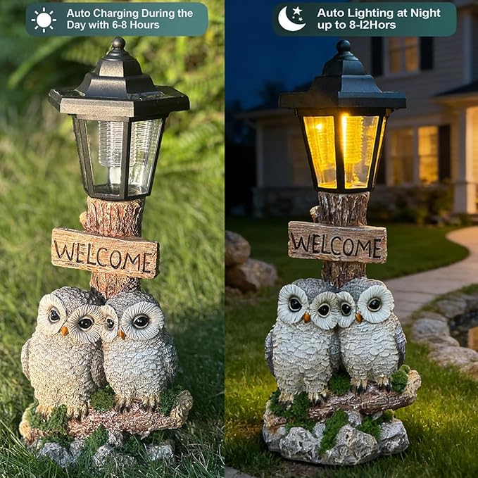 Outdoor Garden Owl Statue with Solar Lights, Owl Figure with Welcoming Sign,for Outdoor Landscapes, Courtyards, Paths,Outside Patio Lawn Decor，Gifts for Women, Owl Lovers