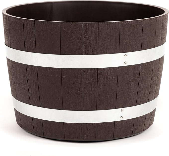 RTS Home Accents 100% Recycled Polyethylene 18 inch Heavy Duty Better Barrel Planter with Rusting Steel Bands, Walnut Color