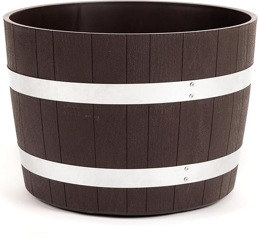 RTS Home Accents 100% Recycled Polyethylene 18 inch Heavy Duty Better Barrel Planter with Rusting Steel Bands, Walnut Color