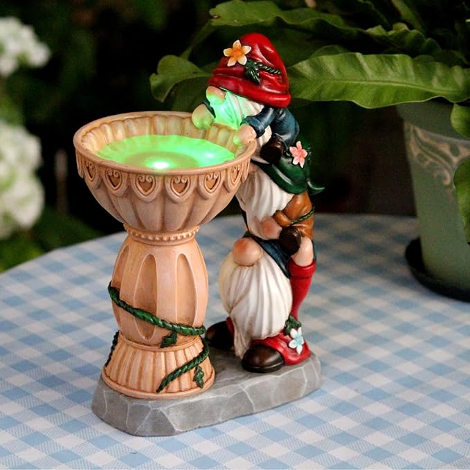 Garden Gnomes Outdoor Gnomes Garden Decorations for Yard Colorful Lights Resin Solar Outdoor Statues with Bird Bath Feeder Funny Outside Lawn Patio Housewarming Gifts 6.25 * 4.25 * 9.25 in