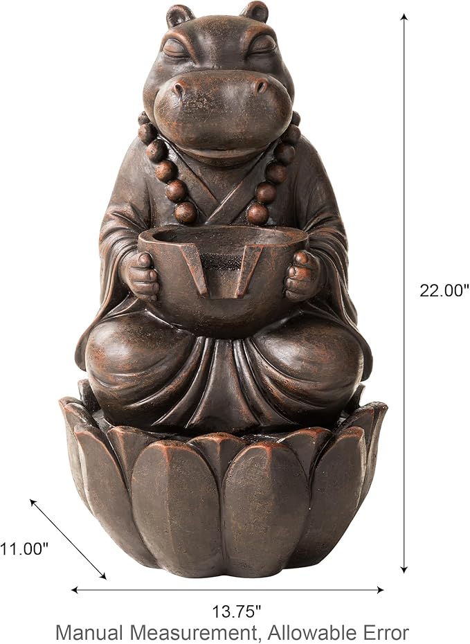 Glitzhome Water Fountain Outdoor, Outdoor Fountain with Lights, Zen-Style Water Fountain with Pump, 22" H 2-Tiered Bronze Hippo Polyresin Water Feature for Home Patio Garden Backyard Decor