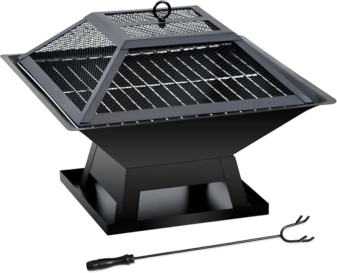 19.8inch Portable Small Fire Pit with a Removable Ash Pan, Fire Poker, Mesh Lid, 2 in 1 Square Outdoor Fireplace for BBQ, Outside Heating, Bonfire Party, Camping, Backyard, Patio, RV Trip by Unknown