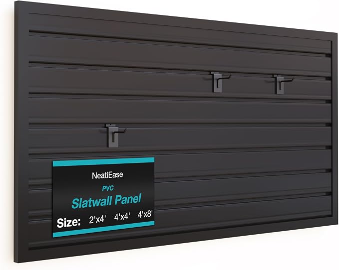 NeatiEase Slatwall Panel Wall Storage Systems, 2 x 4ft Slat Wall Paneling Garage Wall Organizer, Heavy Duty Wall Mounted PVC Wall Rack (Black) by NeatiEase