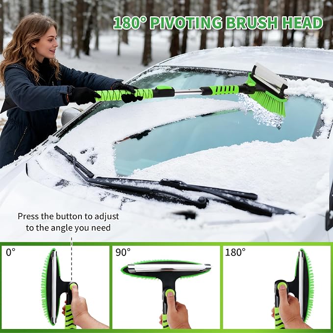 43.3'' Snow Shovel & Snow Brush with Ice Scrapers for Car Windshield,5-in-1 Extendable Thicken Aluminum Tube,180° Pivoting Brush Head & Foam Grip for Christmas, Cars, Trucks, SUVs, Vehicle（Green - Image 5