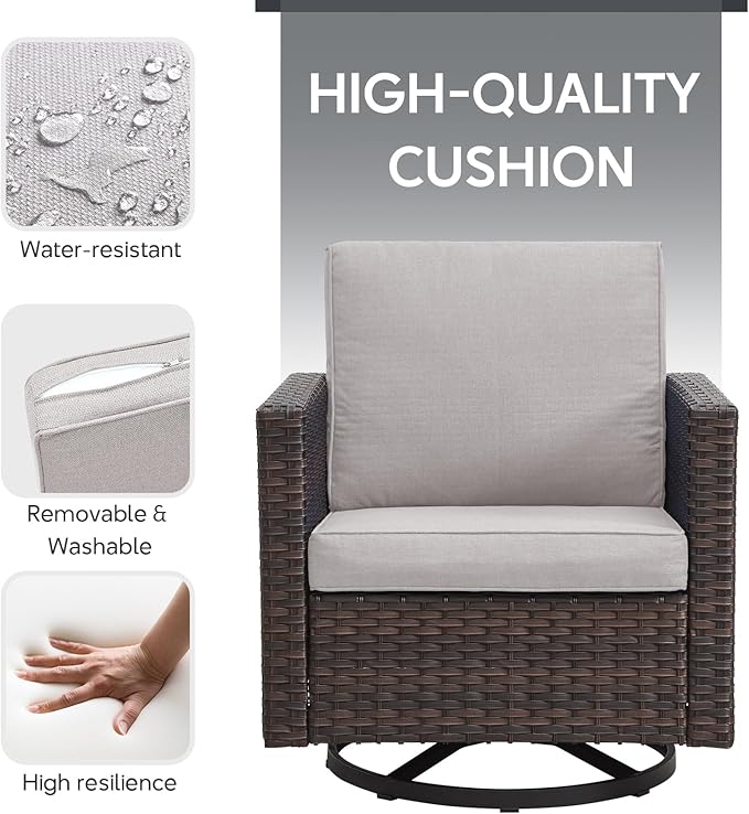 Outdoor Swivel Rocker Chairs Set of 4 with Fire Pit Table - 5 Peice Wicker Patio Furniture Set Conversation Set with 50,000 BTU Fire Pit for Deck Backyard - Brown Wicker Beige Cushion