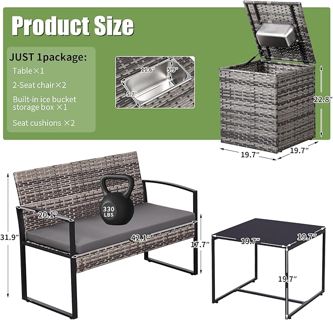 FHFO 4 Piece Outdoor Patio Furniture Set with Built-in Beverage Cooler Storage Box, Wicker Conversation Sets Patio Outdoor Loveseats & Coffee Table for Outside, Garden, Balcony, Porch, Grey/Grey