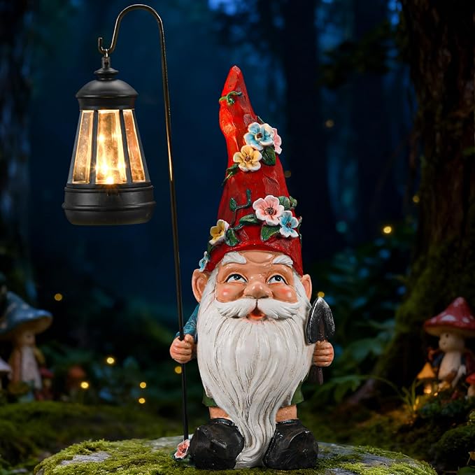 Garden Gnomes Statue with Solar Lantern, Outdoor Gnome Decorations for Yard, Outdoor Figurine Ornament with LED Lights for Patio Lawn, Valentine's Day Birthday Gift for Women Mom Grandma