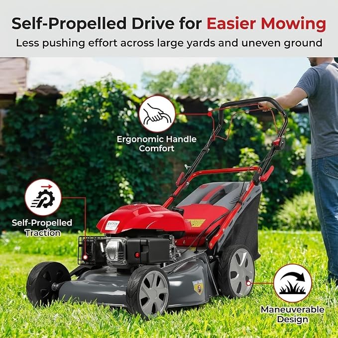 173cc Gas Lawn Mower, Self-Propelled Rear Wheel Drive, Adjustable 3-Speed Settings, 20" Cutting Width, 60L Grass Catcher, Ideal for Large Lawns, Easy Start & Efficient Grass Collect Red - Image 7