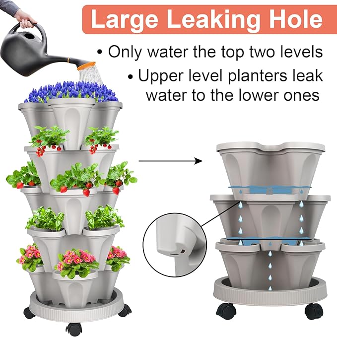 GameXcel Vertical Planter Tower - 5 Tier Stackable Garden Planters with Wheels and Tools Plant Pots for Strawberry Herb Flower and Vegetable Indoor Outdoor Use Gray 2 Pack
