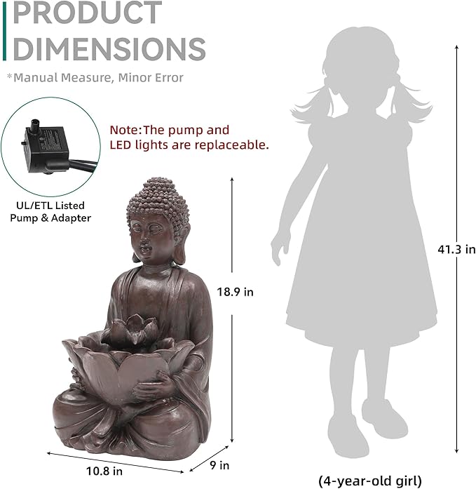 18.9" H Buddha Outdoor Water Fountain, Zen Style Garden Fountain with LED Lights and Pump, Relaxing Waterfall for Patio, Porch, or Yard Decor, Faux Bronze