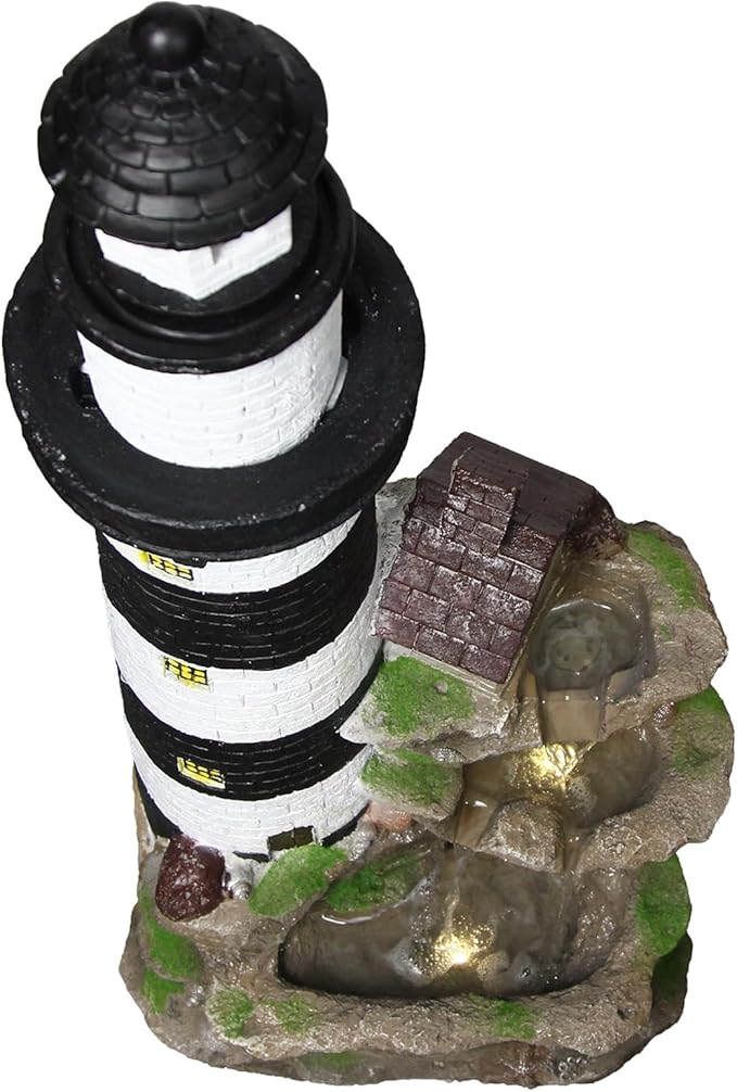 YZM 38.58" H Lighthouse Floor Waterfall Fountain with LED Lights 3-Tiered Rock Water Fountain Outdoor Garden for Patio Backyard Home Decor