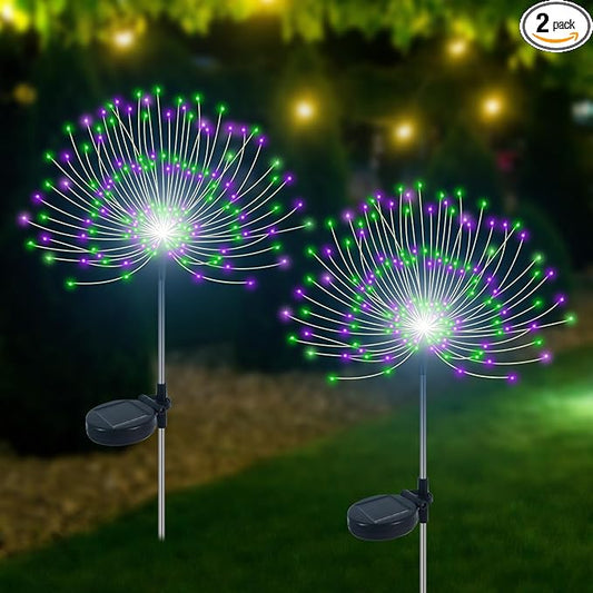 Solar Garden Lights Outdoor Waterproof, 2 Pack 120 LED Solar Firework Lights Decorative Garden D??cor Outside for Flowerbed Pathway Party Halloween Christmas Decorations, Green + Purple