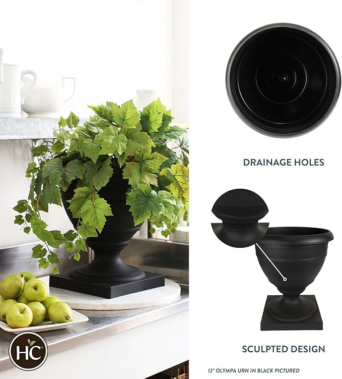 The HC Companies 18 Inch Tall Olympia Plastic Urn - Lightweight Outdoor Plastic Plant Pot for Flowers, Black