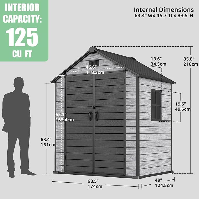 EHHLY Outdoor Storage Shed 6x4.4 FT, Resin Shed with Floor, Window & Vents, Waterproof Plastic Shed with Lockable Door for Backyard, Patio, Lawn, Gray - Image 2
