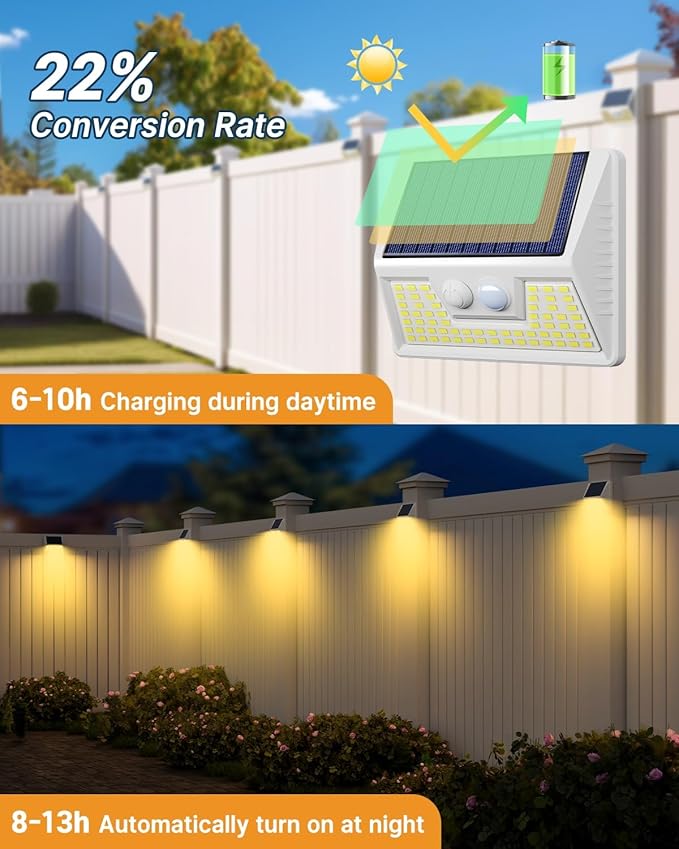 12Pack White Solar Lights Outdoor Motion Sensor, 3000K Warm Light/3 Lighting Modes, IP65 Waterproof Solar Powered Wall Lights Outside for Garden Fence Backyard Deck Driveway