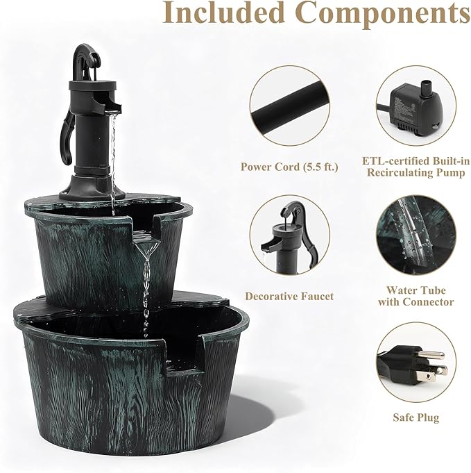 Athena Collection 27'' Height Electric Waterfall Fountain 2 Tier Stepped Barrel Vintage Fountain Polypropylene with Pump Freestanding Floor Tabletop Fountain for Outside, Patio, Garden, Green