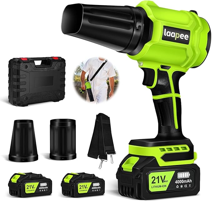 Leaf Blower Cordless,Battery Powered 800,000 RPM Electric Leaf Blower with 2 x 4.0Ah Battery and Charger Handheld Blowers for Lawn Care,Dust,Snow,Car Blowing Water with 2 Extended Nozzle by laapee