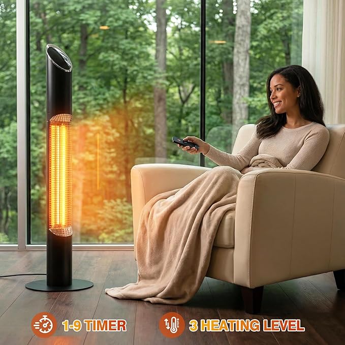 Freestanding Outdoot Electric Heater, Infrared Patio Heater for Outdoor/Indoor Use, 1500W garage heater electric, BLACK