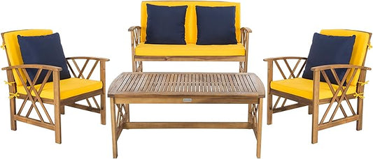 SAFAVIEH Outdoor Collection Fontana Natural/ Yellow Cushions/ Navy Pillows 4-Piece Conversation Patio Set