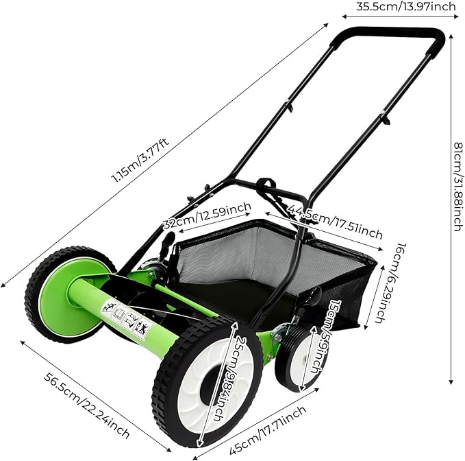 16 Inch Manual Reel Lawn Mower, 5-Blade Push Reel Mower Cordless Push Reel Lawn Mower with Adjustable Cutting Height and Grass Catcher for Yard, Garden - Image 6