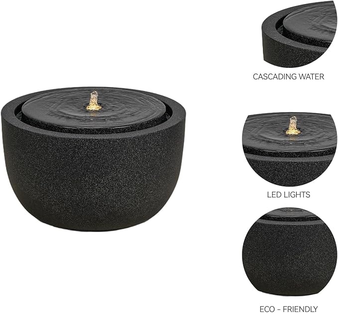 12.60” H Outdoor Water Fountain Made with Eco-Friendly Recyclable Materials, Polyethylene Round Bubbler Water Fountain Outdoor, Garden Decor with LED Light for Patio, Porch, Backyard (12.60")