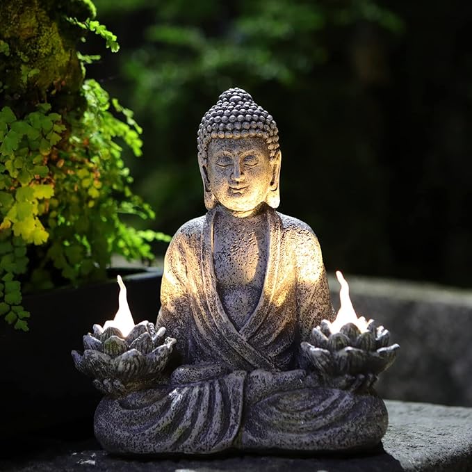 Buddha Statue Zen Sculpture 11.4in Yoga Garden Decor with LED Solar Lotus Lights, Sitting Meditating Buddha Serene Resin Figurine for Patio Yard Lawn Ornaments,Inside or Outside