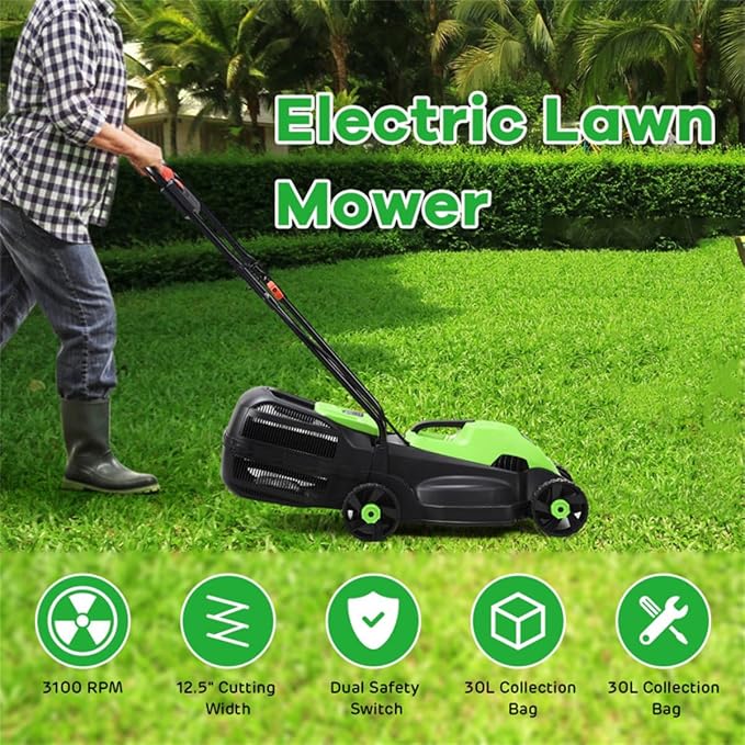 13-Inch Electric Lawn Mower 8 Gal Grass Collection Box 3 Adjustable Cutting Heights Lightweight 15.5LBS Push Mower for Garden (Green) - Image 8