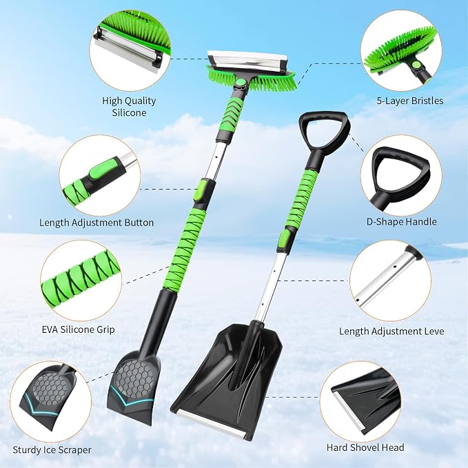 43.3'' Snow Shovel & Snow Brush with Ice Scrapers for Car Windshield,5-in-1 Extendable Thicken Aluminum Tube,180° Pivoting Brush Head & Foam Grip for Christmas, Cars, Trucks, SUVs, Vehicle（Green - Image 4