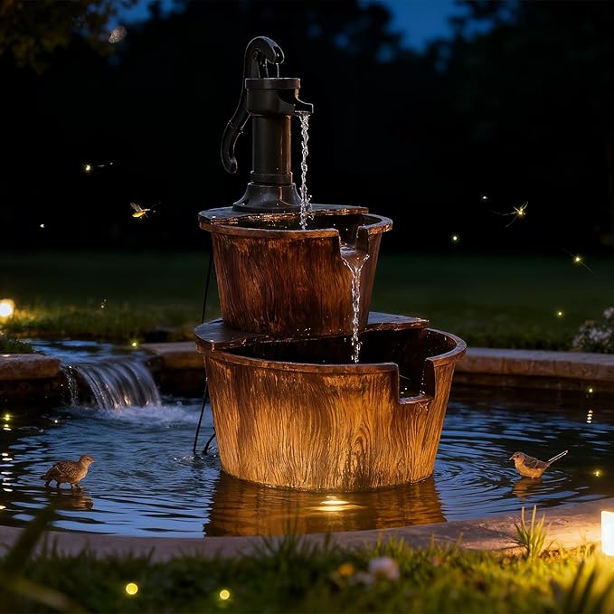 Athena Collection 27'' Height Electric Waterfall Fountain 2 Tier Stepped Barrel Vintage Fountain Polypropylene with Pump Freestanding Floor Tabletop Fountain for Outside, Patio, Garden, Bronze
