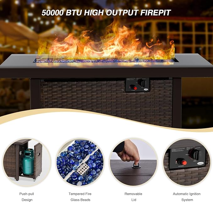 13 Piece Patio Furniture Set with Fire Pit Table All Weather PE Rattan Outdoor Sectional Sofa Couch with No-Slip Cushions for Garden, Poolside, Backyard (Blue)