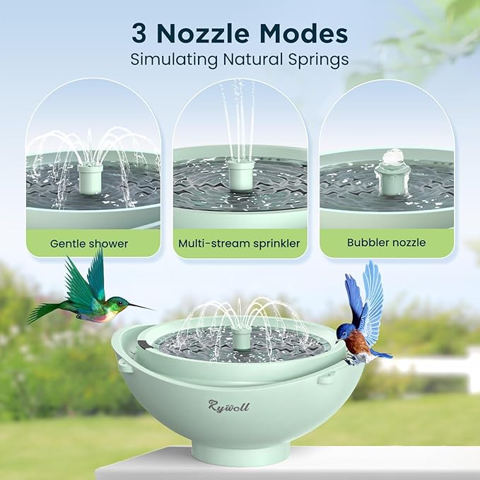 Rywell Solar Bird Bath with 3 Spray Modes, 2L Large Capacity Solar Fountain, Hanging/Standing Bird Bath with Filter & Auto Shut-Off, Quiet Pump for Garden Yard Outdoor