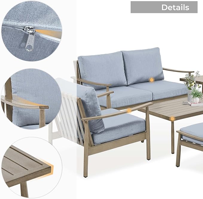 HAPPATIO Patio Outdoor Furniture Set - 7 Pieces Aluminum Outdoor Conversation Set Includes 1 Loveseat, 1 Coffee Table, 1 Side Table, 2 Armchairs, and 2 Ottomans for Porch, Lawn (Brown)
