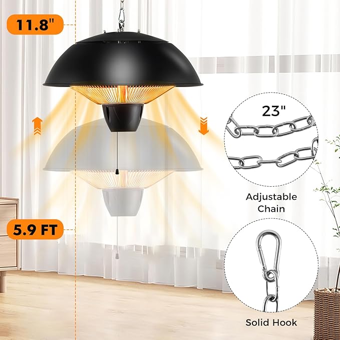 Tangkula 1500W Hanging Patio Heater, Electric Ceiling Mounted with Adjustable Chain Length & Pull Switch, Indoor Outdoor Waterproof Outdoor Heater for Garage, Balcony, Courtyard