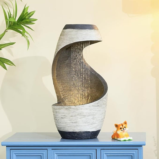 Modern Free Standing Water Fountain, Spiral Indoor Water Feature Waterfall for Patio, Balconies, Lawns, Desk 20" H Garden Fountain with Cascading Waterfall and LED Light, Home Decor