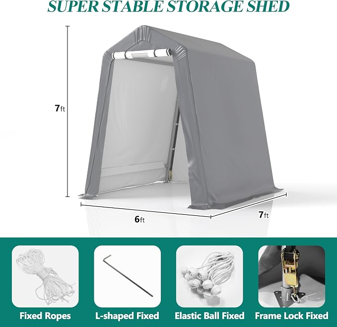 GARTOO 6' x 7' Outdoor Storage Shelter Shed- Heavy Duty Storage Tent with Roll-up Ventilated Windows, Portable Garage Storage shed for Bike, ATV, Motorcycle Shelter, Gray - Image 2