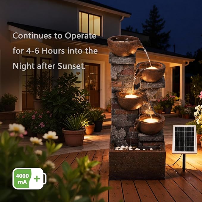 5 Tiers Solar Outdoor Water Fountain - 33.5" H Shape K Indoor Waterfall Fountain with LED Lights for Patio, Balconies, Lawns, Deck, Porch Backyard and Home Art Decor