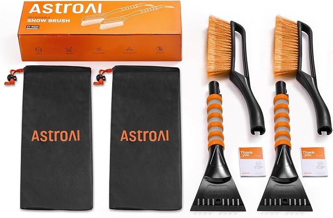 AstroAI 2 Pack 27" Snow Brush and Ice Scrapers for Car Windshield, Detachable Snow Scrapers with Ergonomic Foam Grip for Cars, Trucks, SUVs (Heavy Duty ABS, PVC Brush, Orange) - Image 8