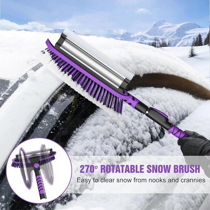 Nuovoware 60" Ice Scraper and Extendable Snow Brush for Car Windshield, 5 in 1 Adjustable Snow Removal Tools with 270° Pivoting Brush Head for Car Auto Truck SUV, Purple - Image 2