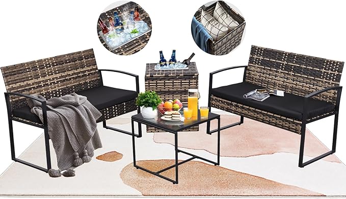 FHFO 4 Piece Outdoor Patio Furniture Set with Built-in Beverage Cooler Storage Box, Wicker Conversation Sets Patio Outdoor Loveseats & Coffee Table for Outside, Garden, Balcony, Porch, Yellow/Black