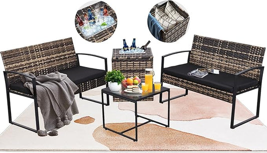 FHFO 4 Piece Outdoor Patio Furniture Set with Built-in Beverage Cooler Storage Box, Wicker Conversation Sets Patio Outdoor Loveseats & Coffee Table for Outside, Garden, Balcony, Porch, Yellow/Black
