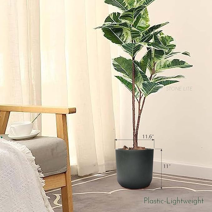11 Inch Plant Pot, Modern Black Plastic Planter with Drainage Hole & Plug, Lightweight Weather Resistant Cylinder Flower Pot for Indoor Outdoor Use, Matte Black, 11" H x 11.6" Dia