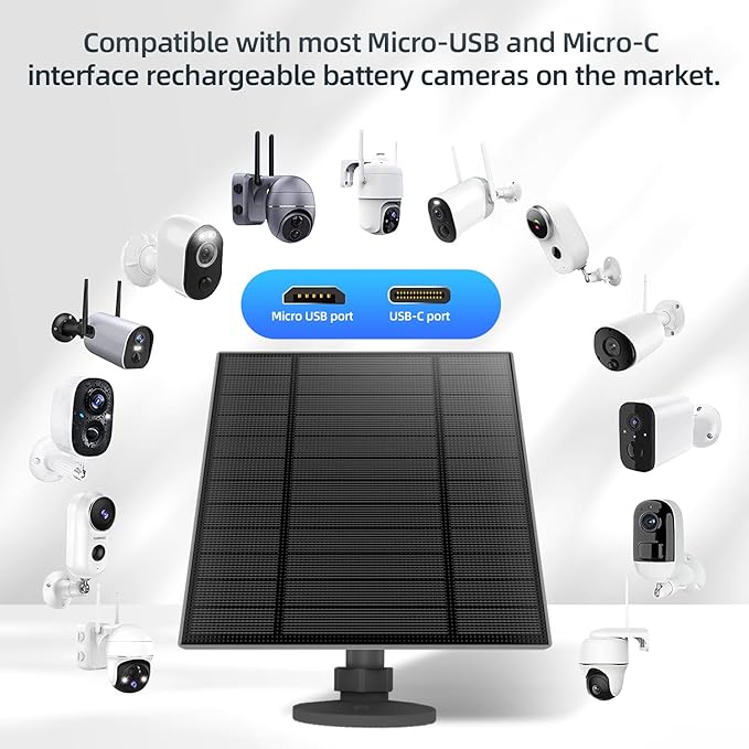 5W Solar Panel for Security Camera, Solar Panel with Micro USB & USB-C Port for DC 5V Outdoor Rechargeable Battery Camera, IP65 Waterproof, 360° Adjustable Security Mount, 9.8ft Cable (2, Black) - Image 5
