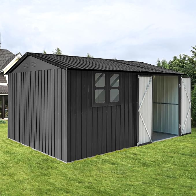 10x12 FT Outdoor Storage Shed, Large Metal Garden Shed with Window & Hinged Door, Upgraded Outside Tool Shed with Foldable Worktable & 2 Shelves, Waterproof Storage Building for Backyard, Black - Image 7