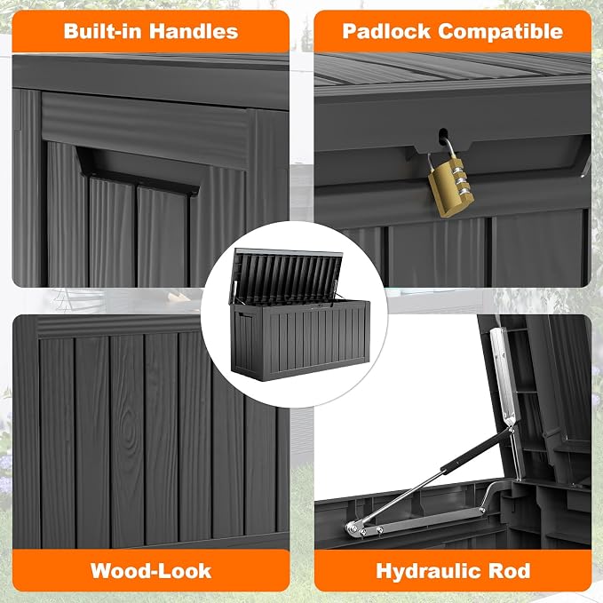 PatioZen 90 Gallon Resin Deck Box, Lockable Patio Outdoor Storage Box for Furniture, Garden Tools and Tools Storage, Waterproof Outside Storage Box - Black - Image 3