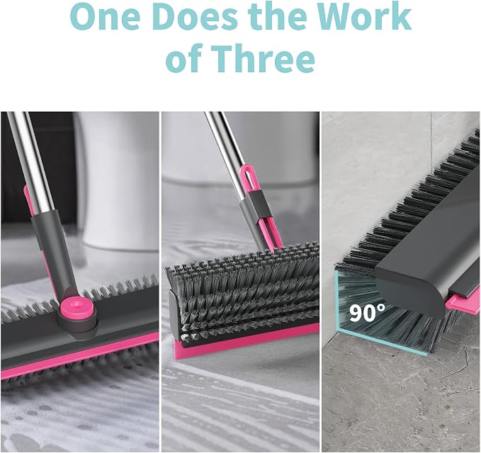 AIR U+ Floor Scrub Brush with Long Handle, 3 in 1 Scrape and Heavy-Duty Stiff Bristle Scrubber Brush for Cleaning Shower Bathroom, Patio, Pool, Garage, Kitchen, Wall and Deck, Gray and Pink - Image 3