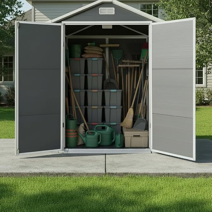 YOPTO 6x4 FT Plastic Storage Shed,Outdoor Storage Shed with Floor and Lockable Door,Waterproof Garden Shed W/Windows & Vents,Sloped Roof,Tool House for Storing Bicycles,Lawnmowers,Gray - Image 11